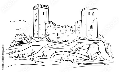 Medieval Stone Castle Ruins with Twin Watchtowers on Rocky Ridge – Hand‑Drawn Historic Fortress Landscape Vector Sketch Illustration