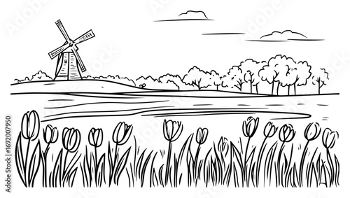 Dutch Tulip Field with Traditional Windmill by Canal – Hand‑Drawn Countryside Spring Landscape Vector Sketch Illustration