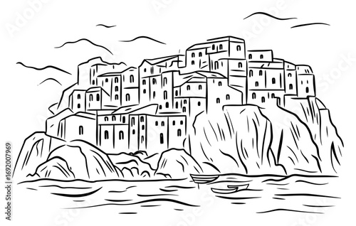 Cliffside Mediterranean Village over Sea – Hand‑Drawn Coastal Townscape Vector Sketch Illustration