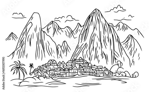 Mountain Village at Foot of Dramatic Peaks – Hand‑Drawn Scenic Landscape Vector Sketch Illustration