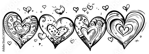 Hand‑Drawn Decorative Hearts Doodle Set – Ornamental Love Symbols with Patterns, Romantic Vector Elements Collection