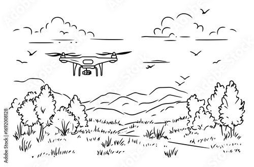 Camera Drone Flying Over Countryside Meadow and Hills – Modern Aerial Technology Scene Hand‑Drawn Vector Illustration