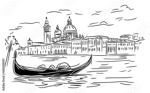 Romantic Gondola Drifting on Venice Grand Canal with Basilica Domes – Hand‑Drawn Italian Cityscape Vector Sketch Illustration
