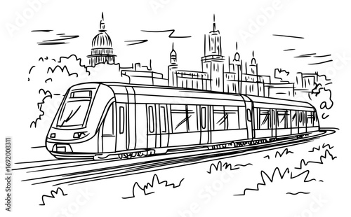 Modern Light Rail Train Passing Urban City Skyline – Hand‑Drawn Metro Tram Vector Illustration