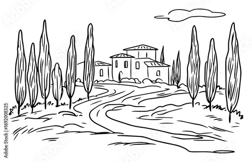 Tuscan Countryside Villa with Cypress‑Lined Road – Hand‑Drawn Italy Rural Landscape Vector Sketch Illustration