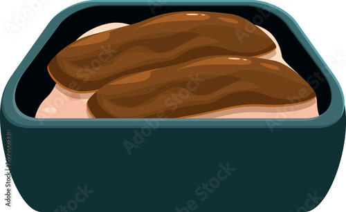 Delicious unagi sushi resting on a bed of rice in a bento box, covered in a rich, savory sauce