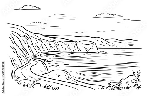 Coastal Cliff Road Winding Along Sea – Hand‑Drawn Ocean Shoreline Landscape Vector Sketch Illustration