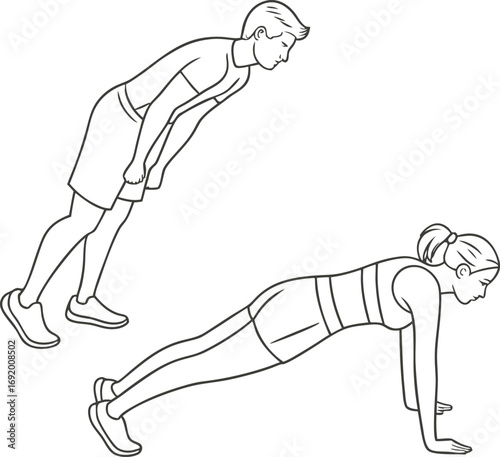 Man and Woman Doing Push Up Exercise Vector Illustration