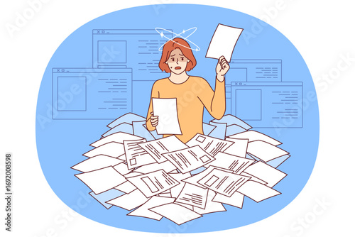 Paperwork and bureaucracy make woman recruiter dizzy as she looks through mountain of paper resumes. Problem of paperwork and lack of digitalization of data causing stress for ladies