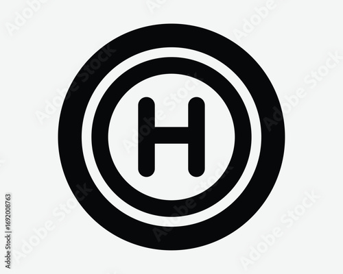 Helipad Symbol for helicopter to land on airfield or airport building after aviation flight or flying by air travel. H sign icons on top of hospital