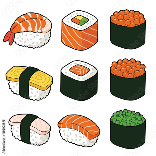 Assortment of Delicious Japanese Sushi and Rolls.