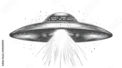 UFO saucer emitting powerful beam light flying alien spacecraft spaceship futuristic object illustration isolated on white background