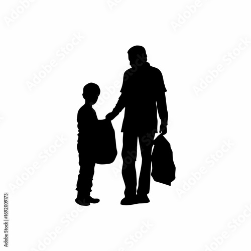 Silhouette of father and son loading vegetables into sack isolated on white background