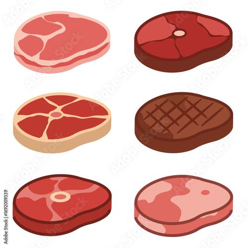 Assortment of Raw and Cooked Beef Steaks.