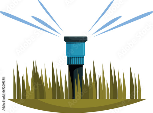 Water sprinkler irrigating green grass in garden, field or lawn
