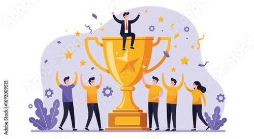 Business Team Celebrates Winning Golden Trophy Achievement.