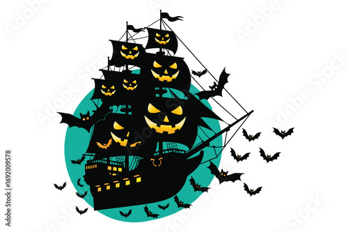 Vector art of silhouette of a haunted pirate ship with jackolantern faces on sails and bats flying around