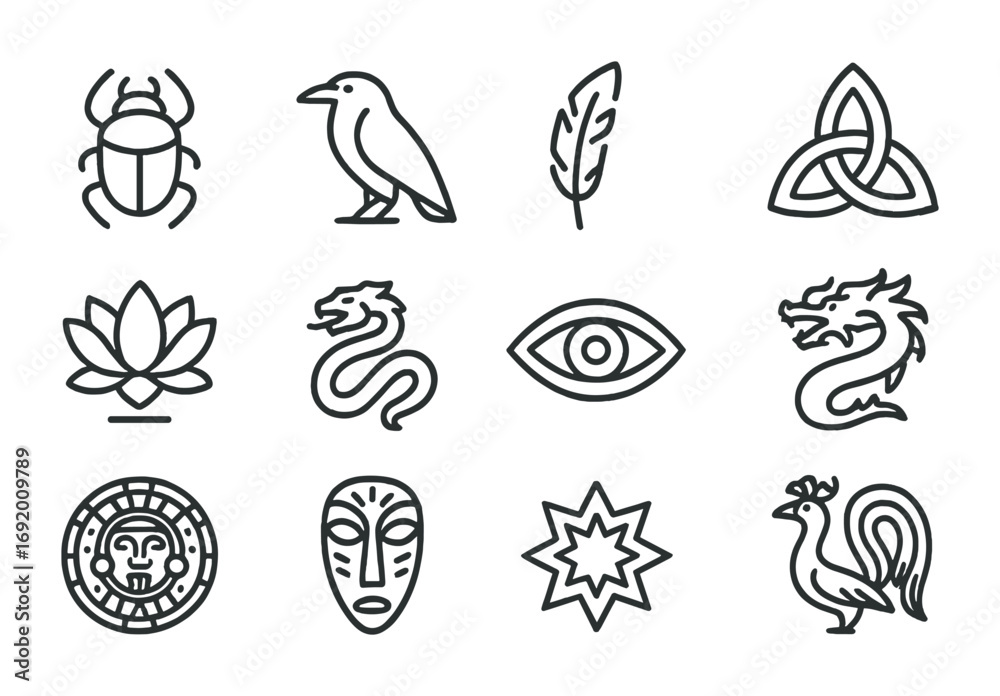 Obraz premium Cross-Cultural Dream Icons. Outline icon set of Cross-cultural dream symbols: Egyptian scarab, Norse raven,