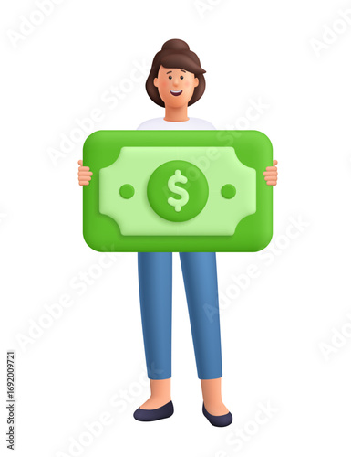 Young smiling woman Jane holding large green dollar banknote. Payment, banking, shopping, financial success, money management concept. 3d vector people character. Cartoon minimal style.
