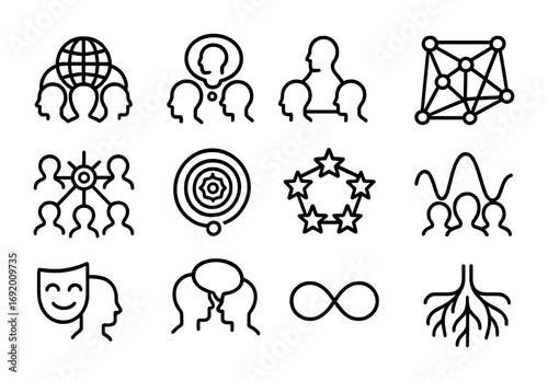 Collective Unconscious Icons. Outline icon set of Collective unconscious: web of minds, global dream bubble,