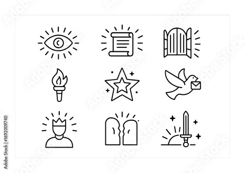 Prophetic Dreams Icon Set. Outline icon set of Prophetic dreams: glowing eye, radiant scroll, open gate, flame