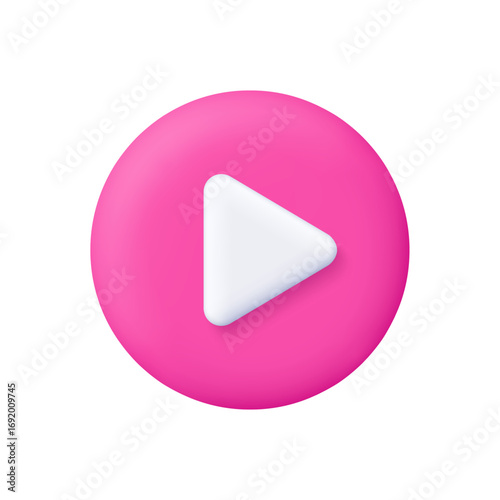 White play button on pink circle button. Multimedia, video content, streaming platforms, user interfaces and entertainment concept. 3d vector icon. Cartoon minimal style.