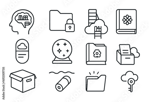 Memory Mapping Icons. Outline icon set of Memory mapping: brain archive, locked folder, dream library, ladder