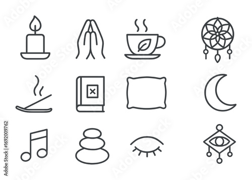 Sleep Ritual Icons. Outline icon set of Sleep rituals: candle flame, prayer hands, herbal tea cup,