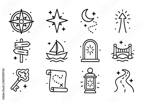 Dream Navigation Icons. Outline icon set of Dream navigation: compass rose, star pointer, moon path, glowing