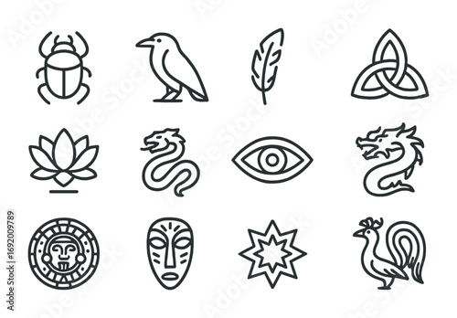 Cross-Cultural Dream Icons. Outline icon set of Cross-cultural dream symbols: Egyptian scarab, Norse raven,
