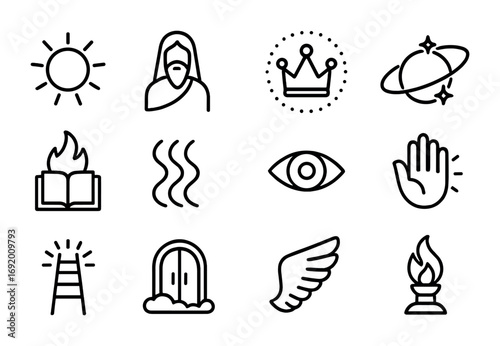 Visionary Icon Set. Outline icon set of Visionary dreams: radiant sun, prophet figure, divine crown, cosmic