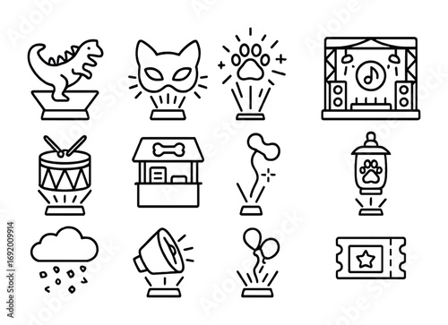 Pet Hologram Festival Icons. Outline icon set of Pet hologram festivals: projected parade float, neon pet mask