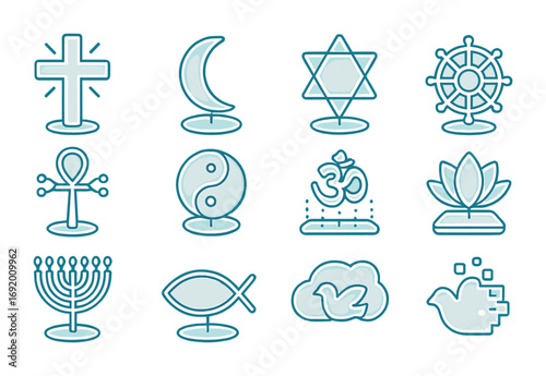 Digital Sacred Symbols. Outline icon set of Digital sacred symbols: glowing cross, holographic crescent,