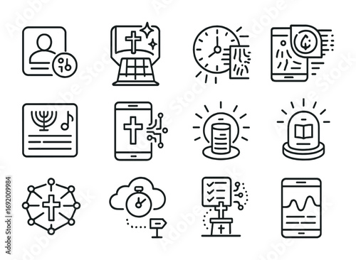 Innovative Faith Icons. Outline icon set of Personalized AI worship: digital prayer profile, holographic faith