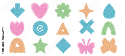 Y2k retro gritty gradation triangle, drop and arrow with flower forms. Sand dotwork gradient geometric shape. Butterfly and star noise icons on white background. Trendy texture. Vector illustration.