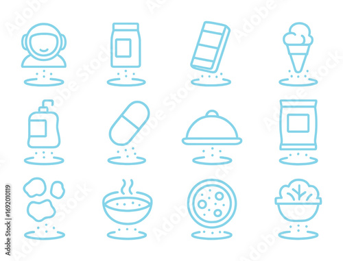 Space Food Holograms. Outline icon set of Space food holograms: glowing astronaut snack, hologram dehydrated
