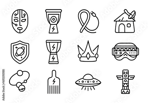 Afro-Futurism Icon Set. Outline icon set of Afro-futurism: tribal mask with circuit, drum with speaker,