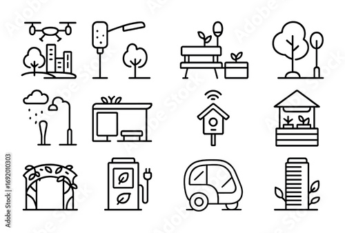 Urban Biophilia Icons. Outline icon set of Urban biophilia: city park drone, street moss filter, smart bench