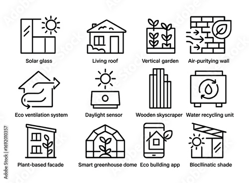 Eco Architecture Icons. Outline icon set of Green architecture tech: solar glass, living roof, vertical garden