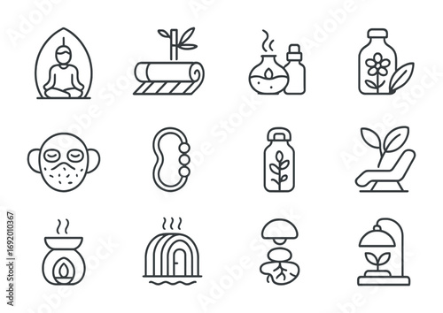 Eco Wellness Icons. Outline icon set of Eco rituals and wellness: plant meditation pod, bamboo yoga mat,