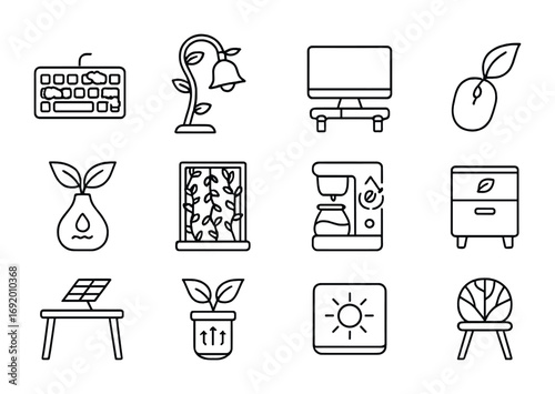 Biophilic Office Icons. Outline icon set of Biophilic offices: mossy keyboard, vine desk lamp, bamboo monitor