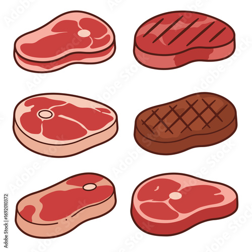 Collection of Six Delicious Raw and Grilled Steaks.
