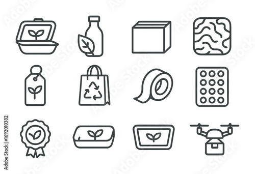 Eco Packaging Icons. Outline icon set of Smart eco packaging: compostable container, algae bottle, bamboo box,