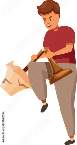 Aggressive boy breaking a golden trophy with knee, expressing anger and frustration, vandalism concept