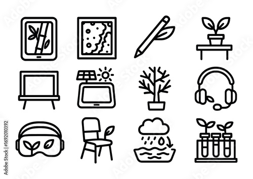 Biophilic Learning Icons. Outline icon set of Biophilic learning tools: bamboo tablet, moss classroom wall,