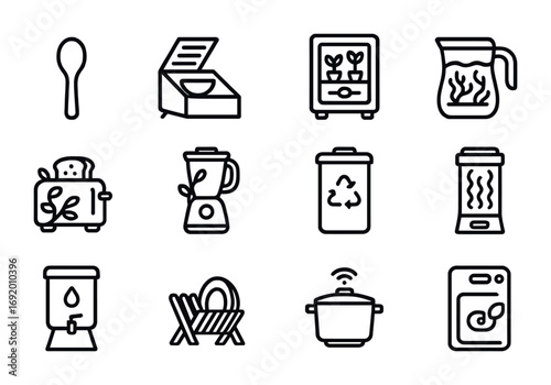 Smart Eco Kitchen Icons. Outline icon set of Smart eco kitchens: bamboo spoon, solar oven, plant fridge, moss
