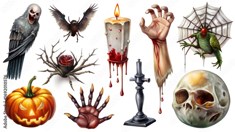 Naklejka premium Assortment of Spooky Halloween Elements and Creatures.