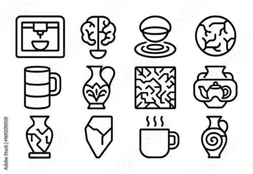 Smart Ceramics Icons. Outline icon set of Smart Ceramics: 3D ceramic printer, neural clay icon, holographic