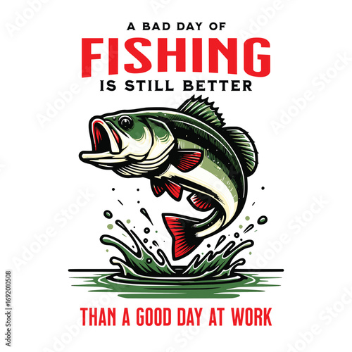 Bass leaping from water with text fish jumping