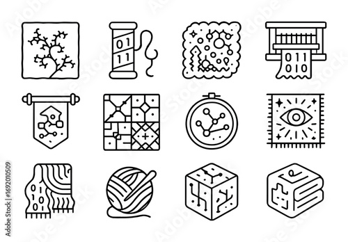 Algorithmic Textiles Icons. Outline icon set of Algorithmic Textiles: fractal fabric, AI pattern thread,